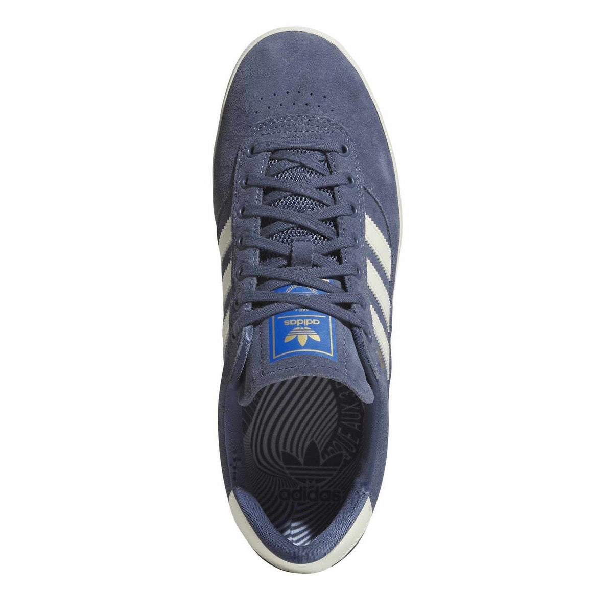 Navy suede indoor trainers top view with lace-up eyelets and adidas heel patch