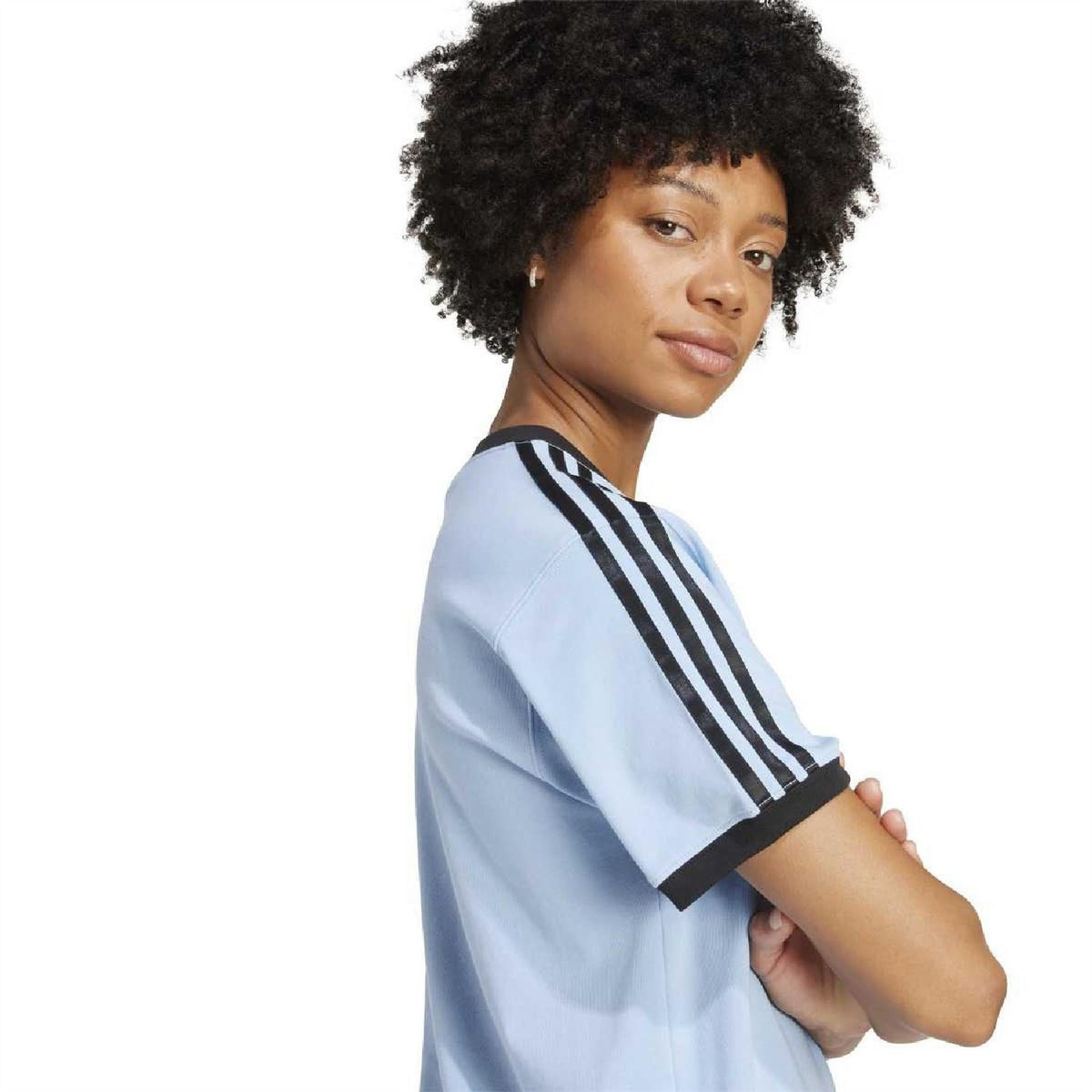 ash blue adidas jersey T-shirt sleeve close-up with black 3-stripe trim at cuff