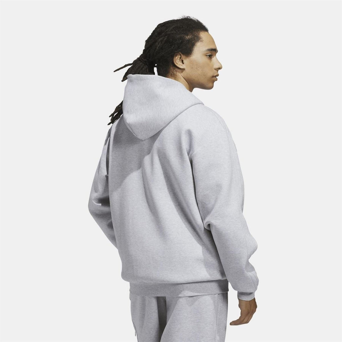 Grey fleece zip-up hoodie, side and rear view with hood and ribbed cuffs