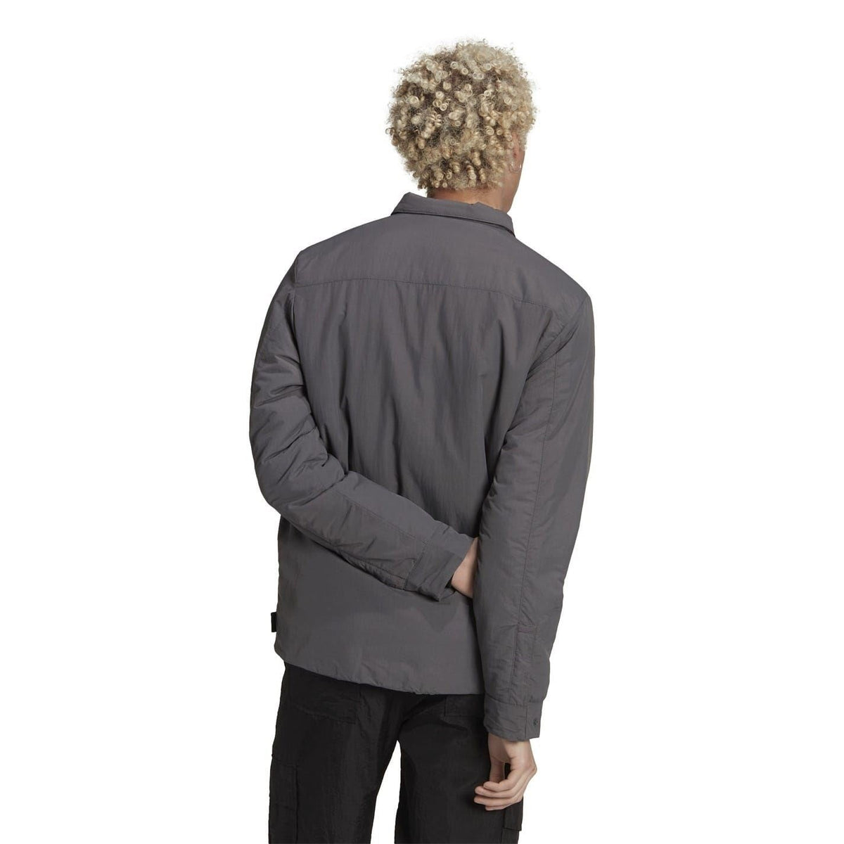 Grey adidas Originals zip-up shirt-jacket, back view, long sleeves and stand collar