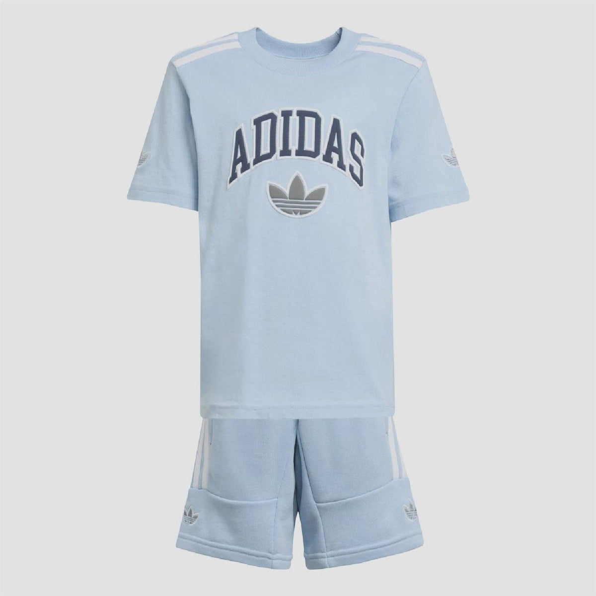 Sky blue kids T-shirt and shorts set with adidas logo and side stripes