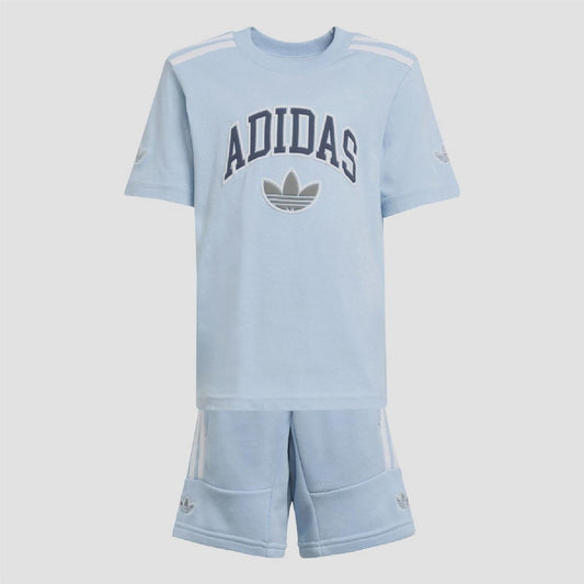 Sky blue kids T-shirt and shorts set with adidas logo and side stripes