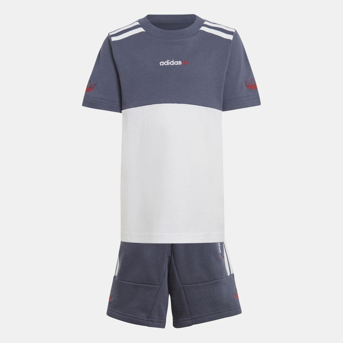 adidas Originals juniors shorts and T-shirt set for ages 8-16, featuring comfortable fabric and classic athletic style.