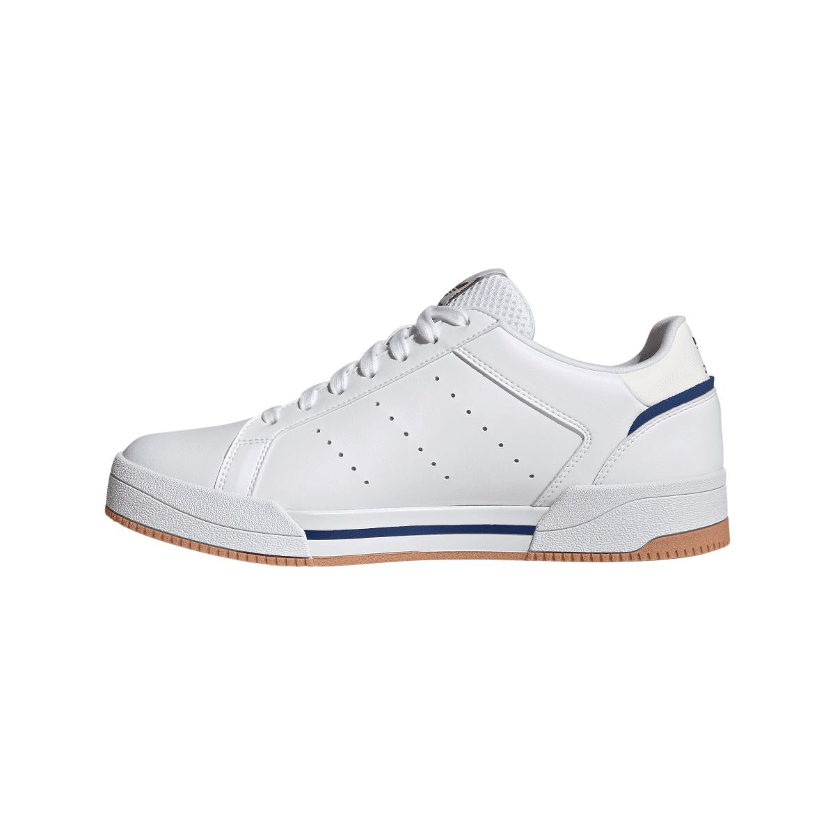 White adidas low-top sneaker with blue side stripe, perforations, and tan gum sole