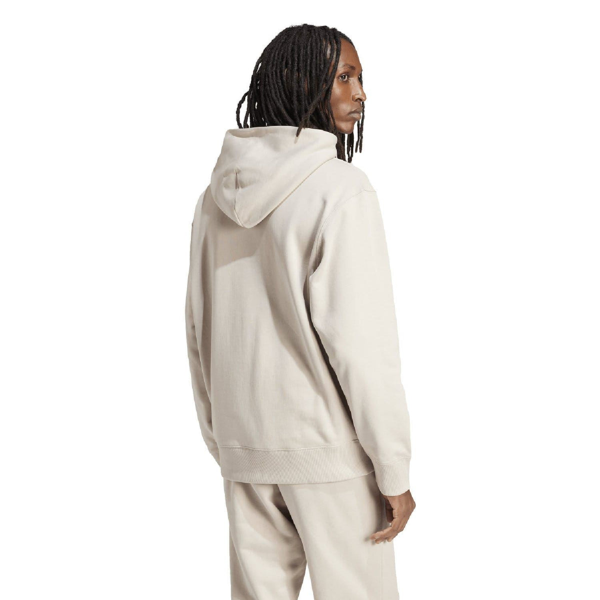 Beige pullover hoodie back view with hood and ribbed hem