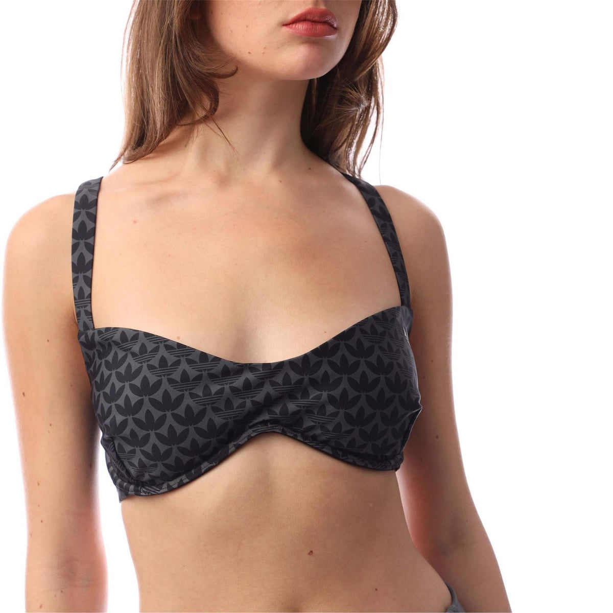 Black patterned bikini top with underwire cups and adjustable shoulder straps