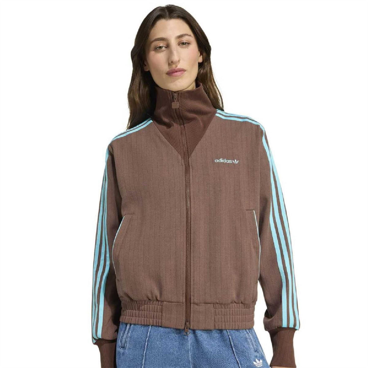 adidas Originals auburn high-neck zip sweatshirt with adidas logo and blue stripe sleeves