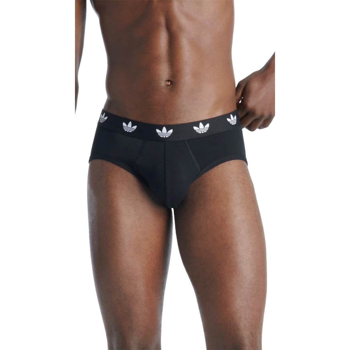 Men's black cotton briefs with repeating logo waistband, front view