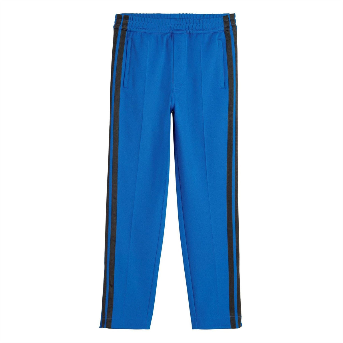 Men's blue track pants with dark side stripes and elastic waistband