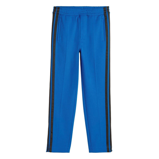Men's blue track pants with dark side stripes and elastic waistband