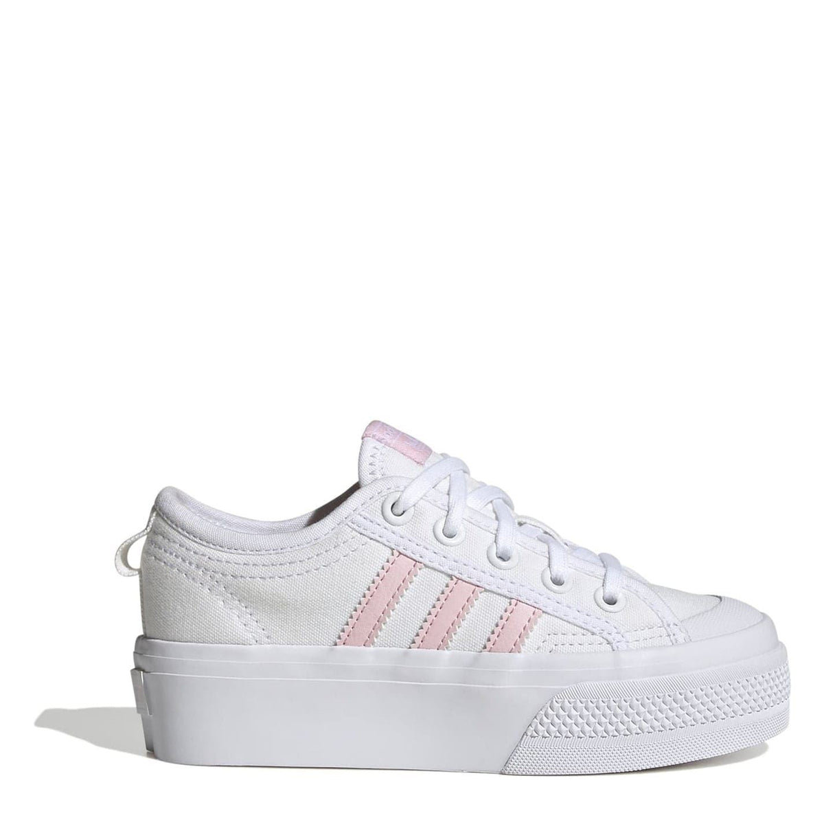 Kids' white platform sneakers with pink triple stripes and lace-up closure