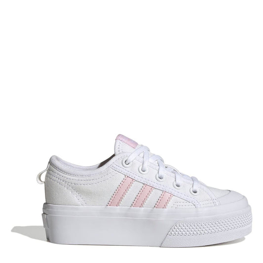 Kids' white platform sneakers with pink triple stripes and lace-up closure