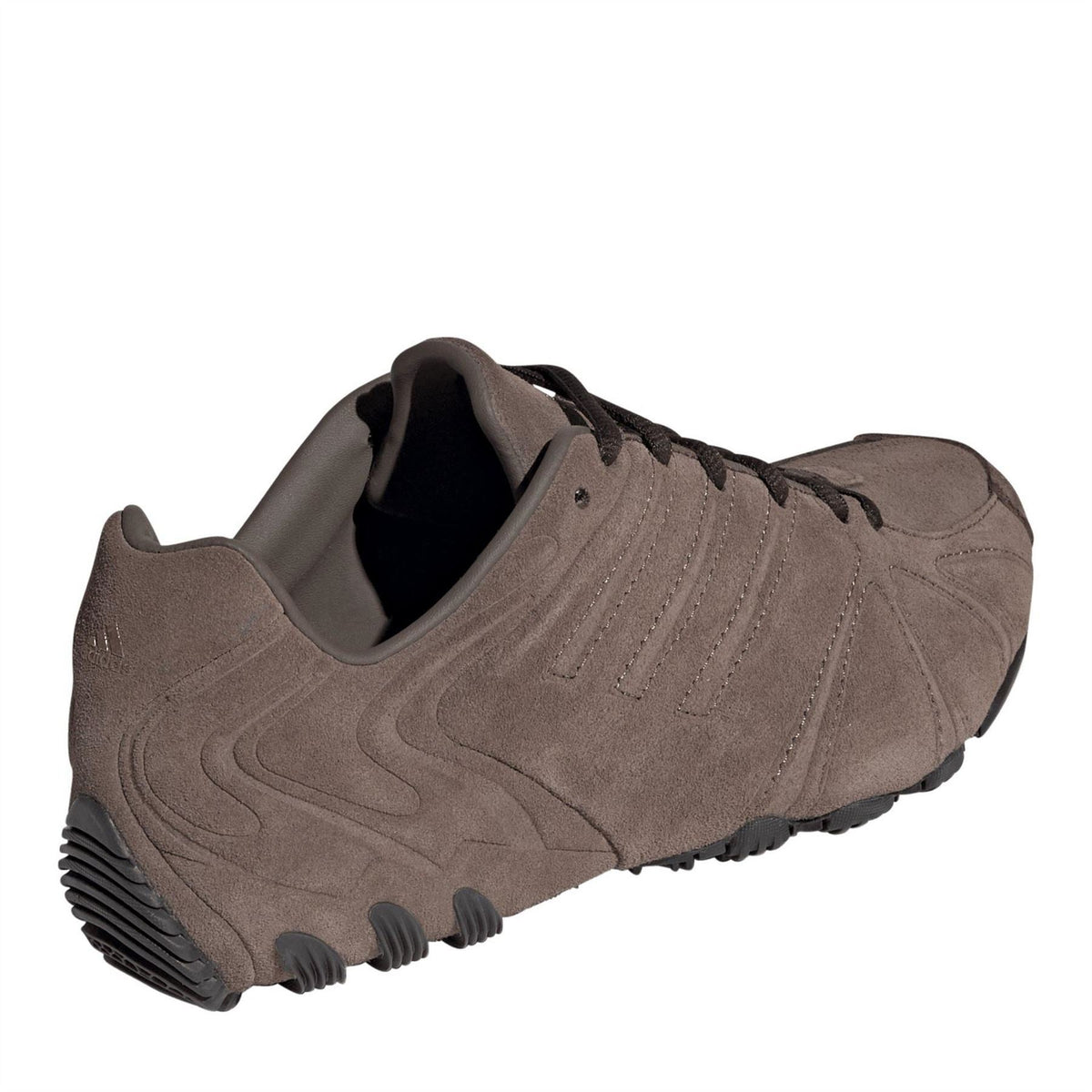 Brown lace-up trainer with padded collar and textured upper, chunky rubber sole