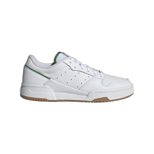 White low-top leather trainers with perforated toe and green heel lining