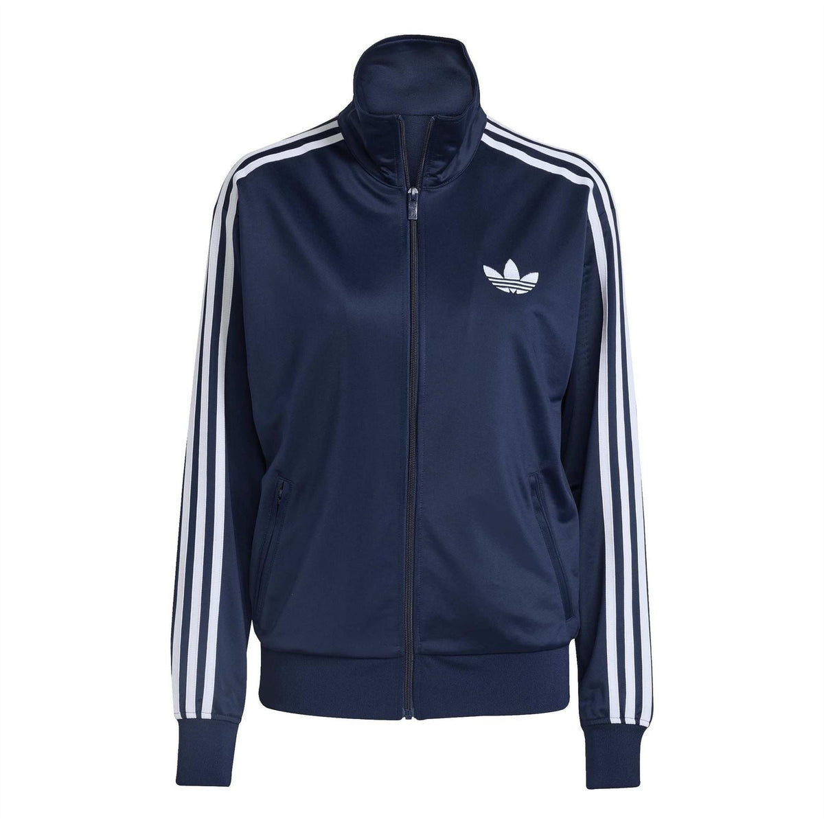 adidas Originals funnel-neck track jacket in dark indigo with white triple sleeve stripes