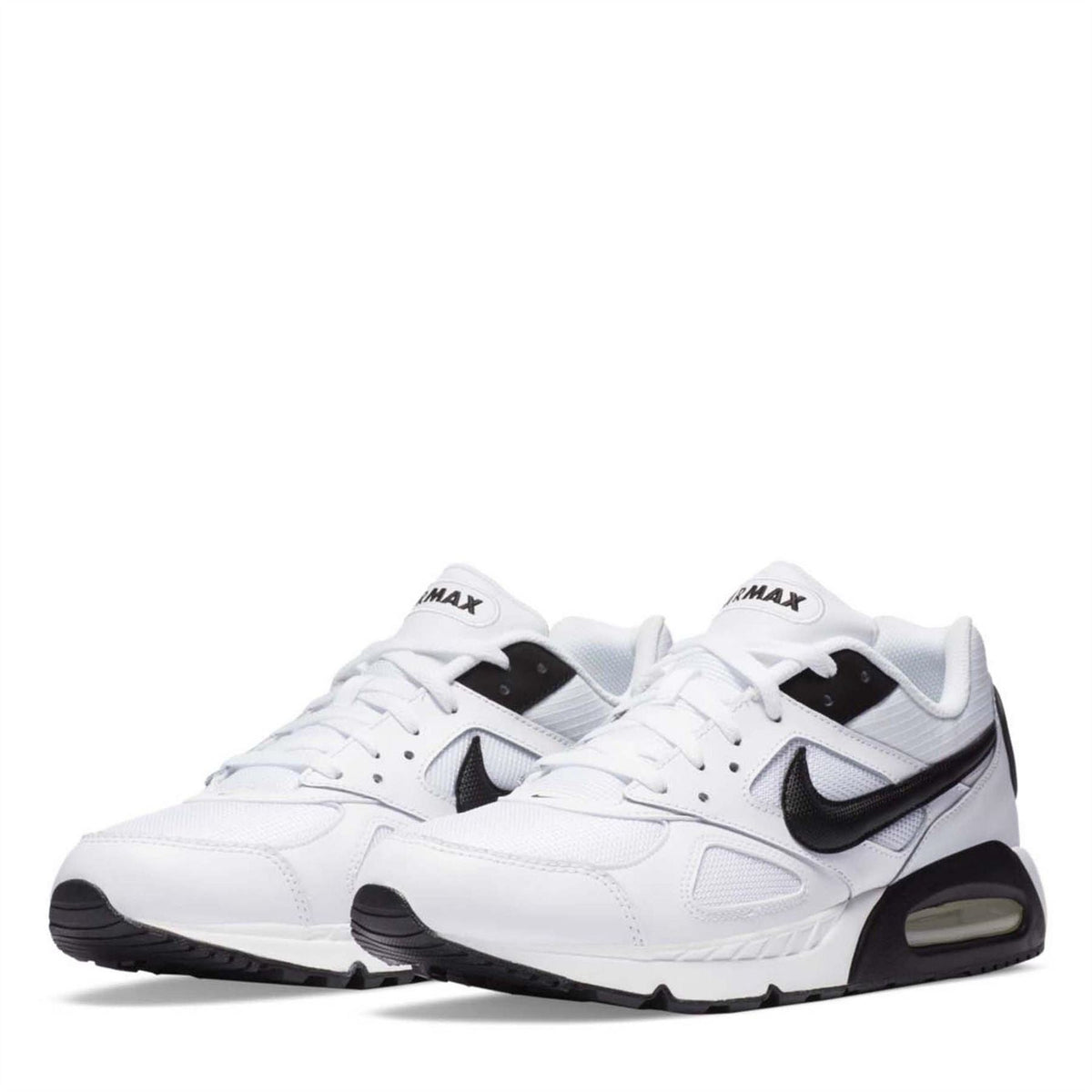 White Nike Air Max Ivo trainers with black panels and visible Air units, front side view