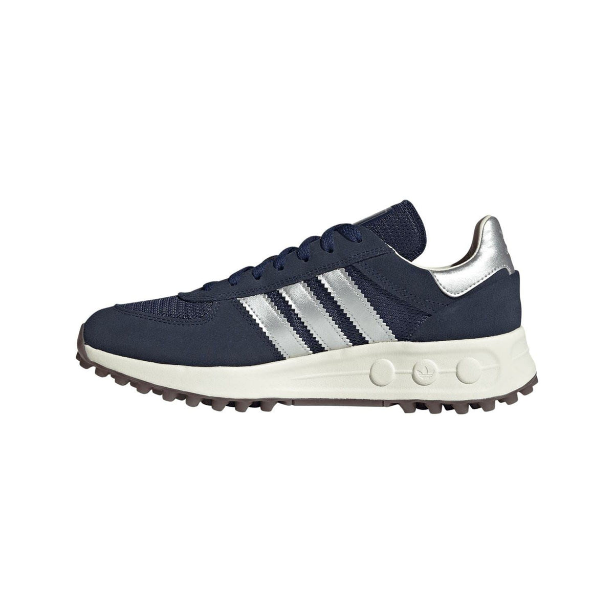 Navy low-top trainer with lace-up front, white stripes, and cushioned rubber sole