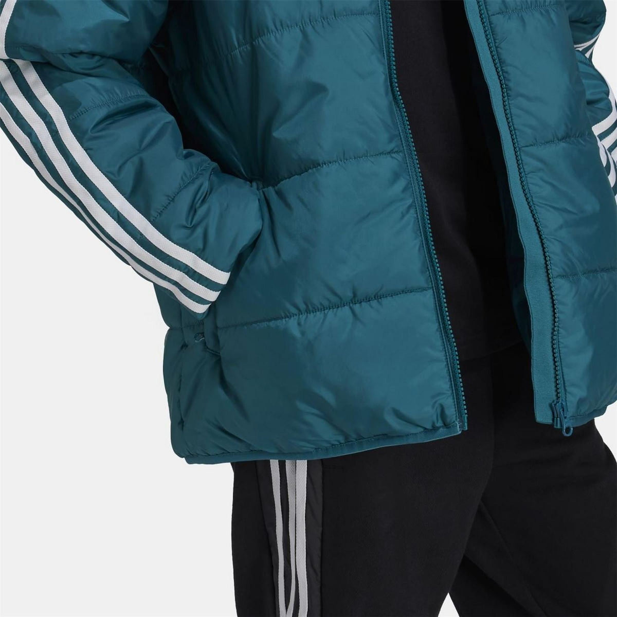 Teal padded hooded jacket close-up with white stripe sleeve trim and full zip