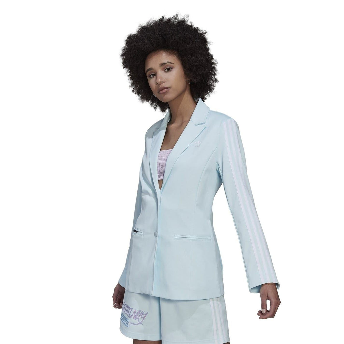 Light blue blazer jacket with collared neckline, button front, and patch pockets