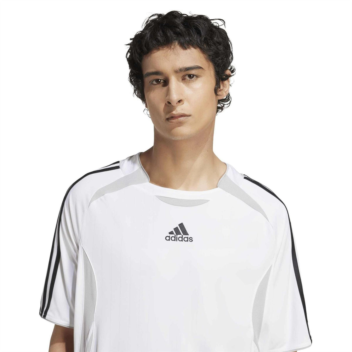 White adidas T-shirt with black shoulder stripes and adidas logo on chest