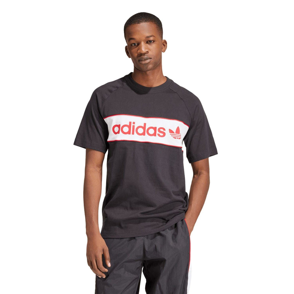Black T-shirt with red-and-white adidas Originals chest logo band