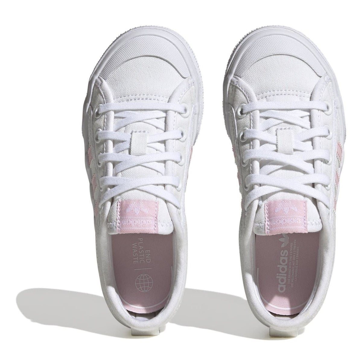 Kids' white lace-up sneakers with pink-lined tongue and embroidered details