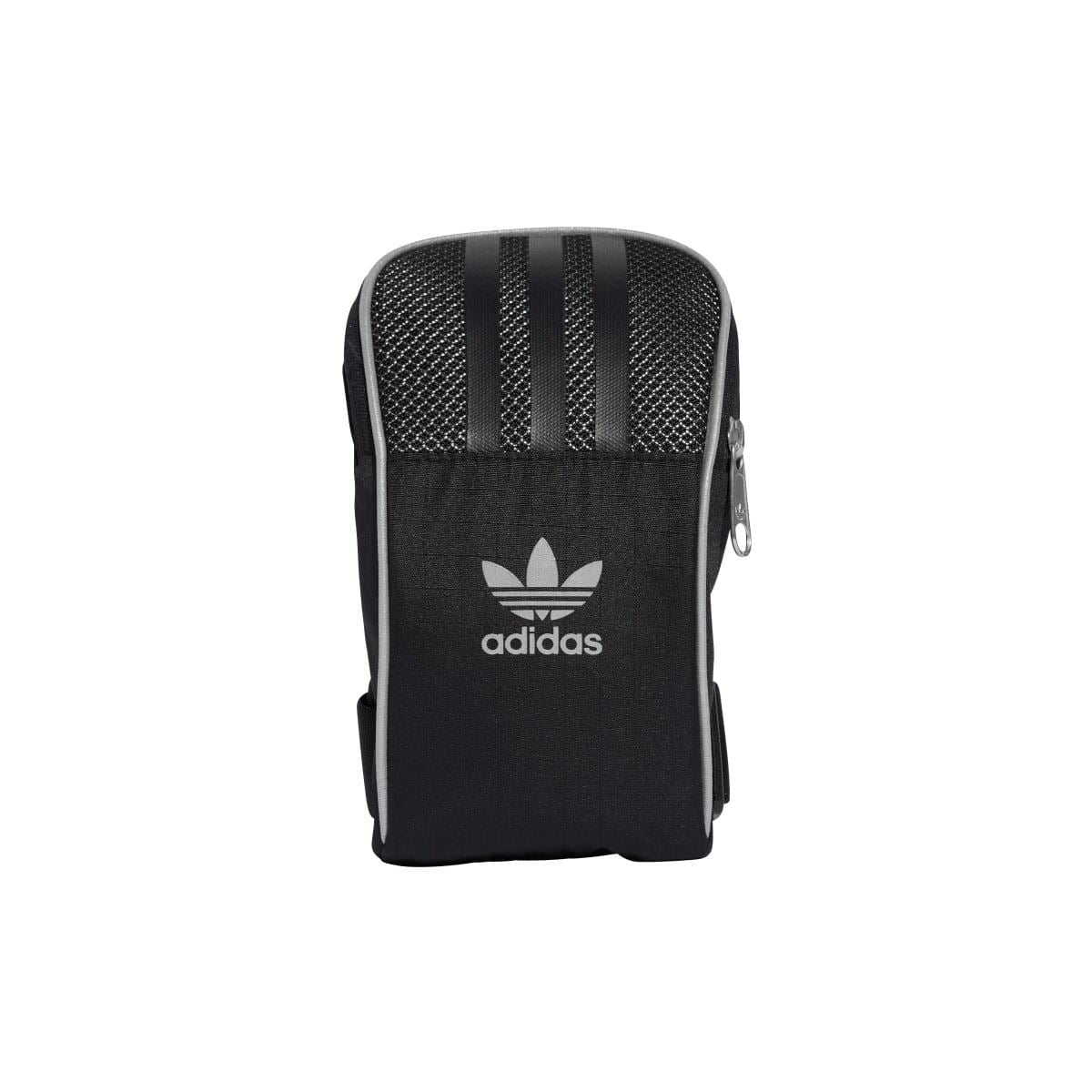 Black adidas small item bag with curved zip-top and trefoil logo patch.