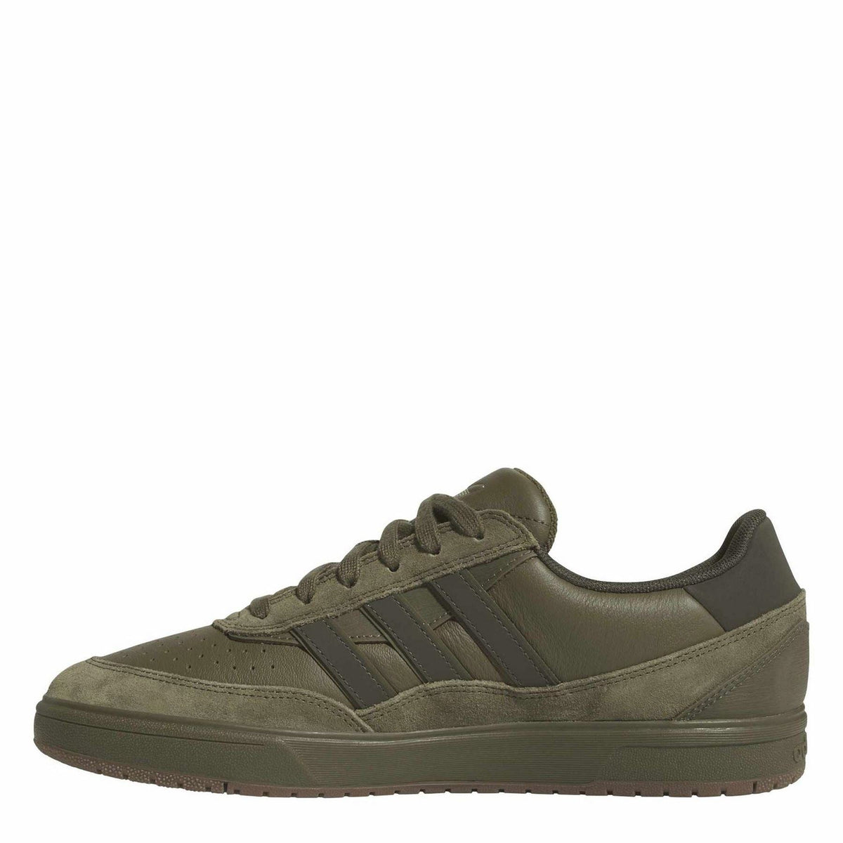 Adidas low-top canvas sneakers with olive suede overlays and lace-up closure, side view
