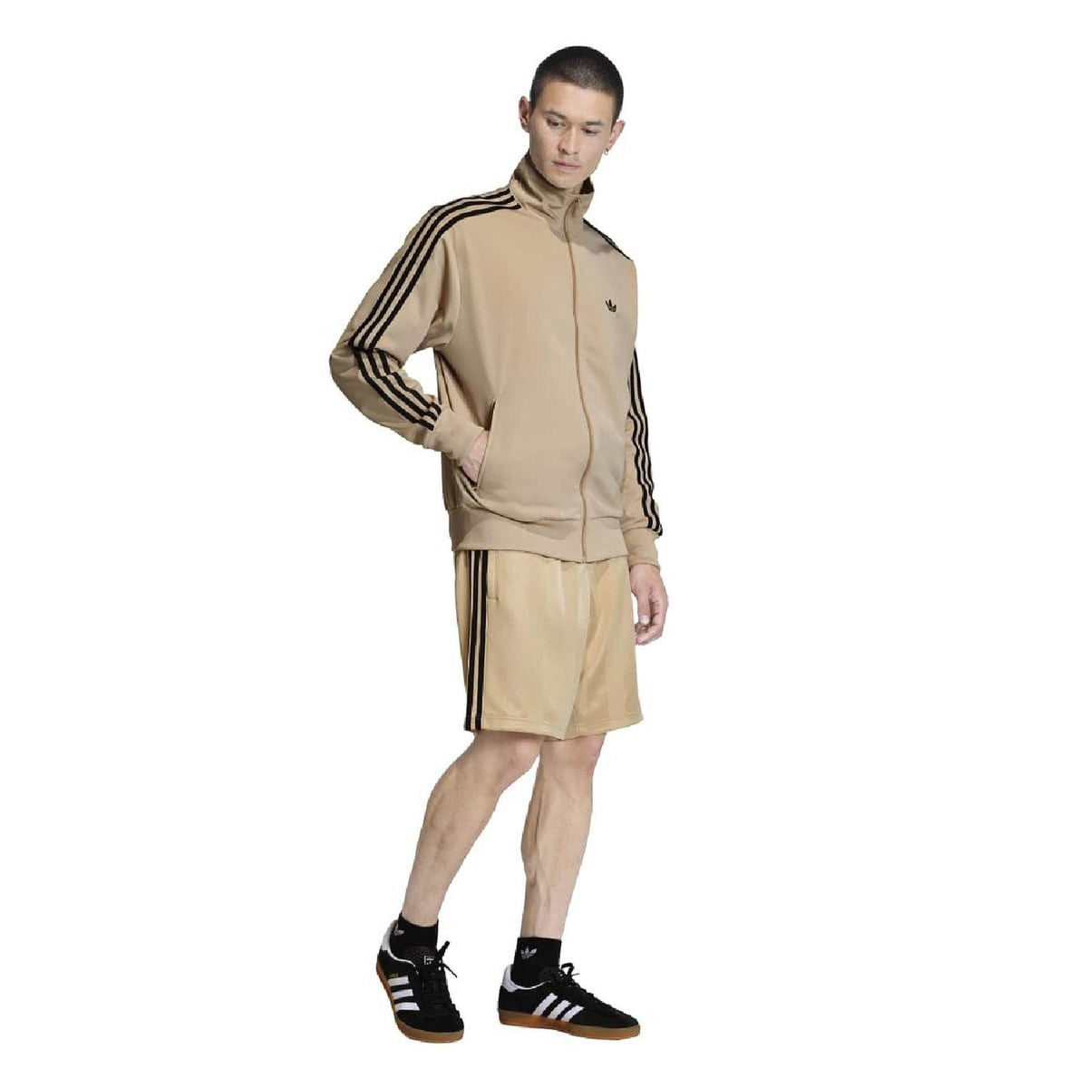 Stone khaki adidas Originals shorts with black 3-stripe detailing and relaxed straight legs