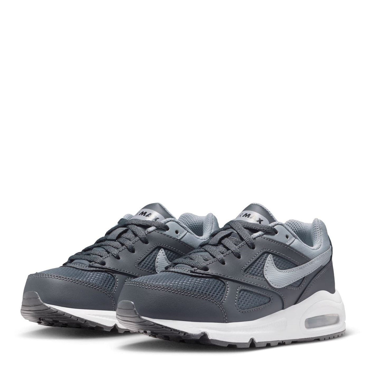 Pair of boys’ dark gray trainers with light gray Swoosh and white air sole