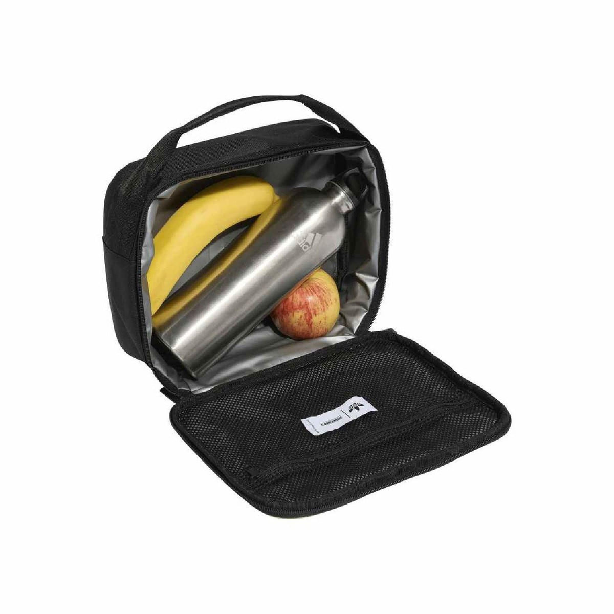 adidas Originals kids lunchbag open, showing bottle and fruit inside