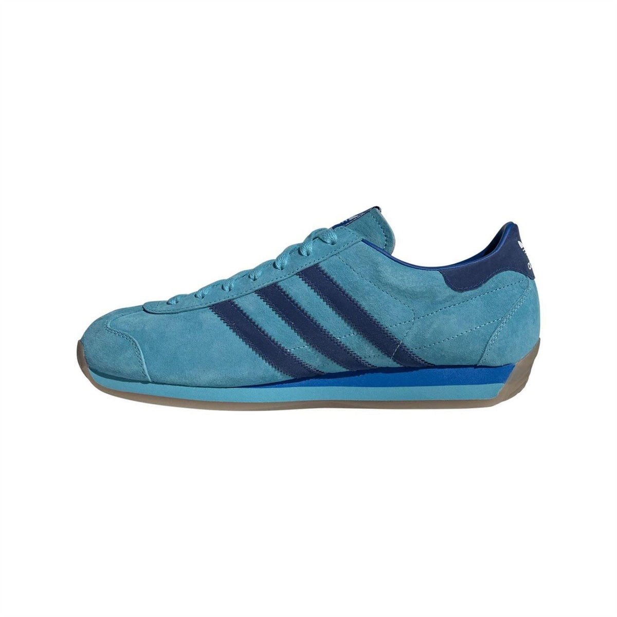 Blue adidas trainers with suede upper, lace-up front, and dark three-stripe detail