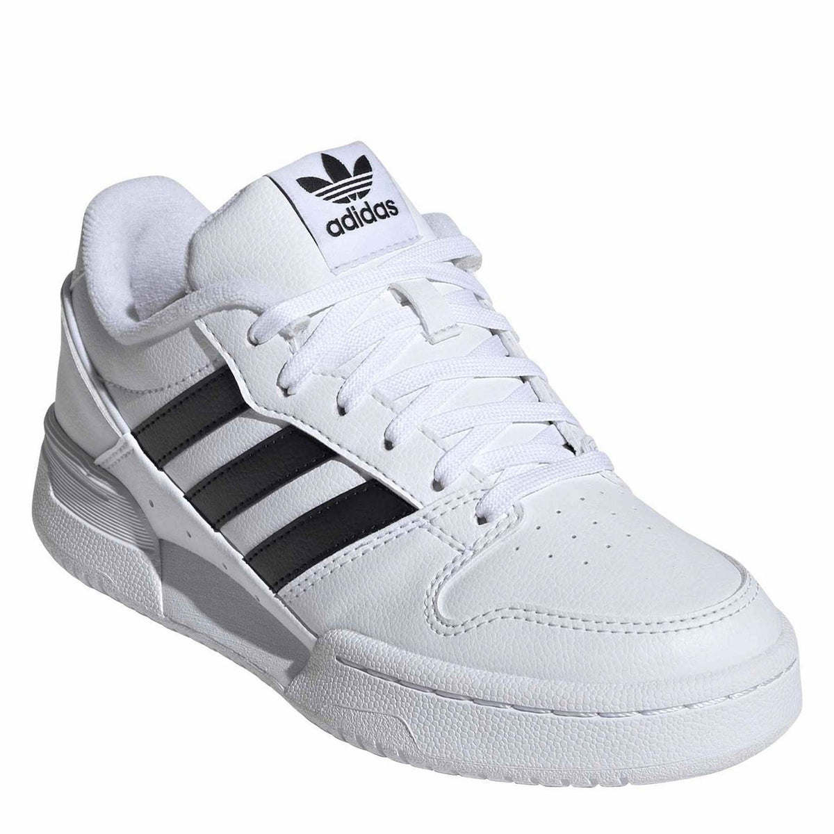 Kids' white adidas sneakers with black stripes, lace-up front, and tongue logo