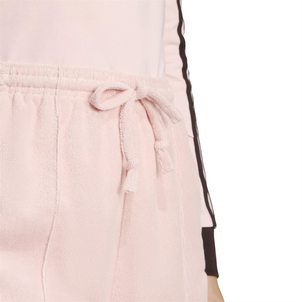 Sandy pink terry towel shorts with drawstring bow at elastic waistband