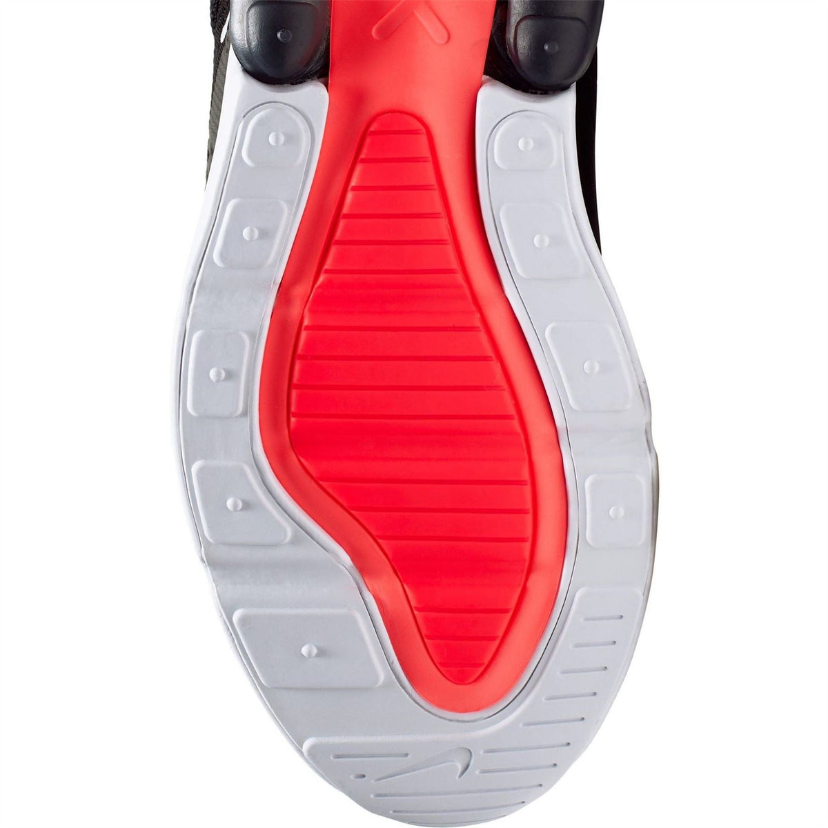 Nike Air Max 270 outsole underside with red tread and white surrounding rubber