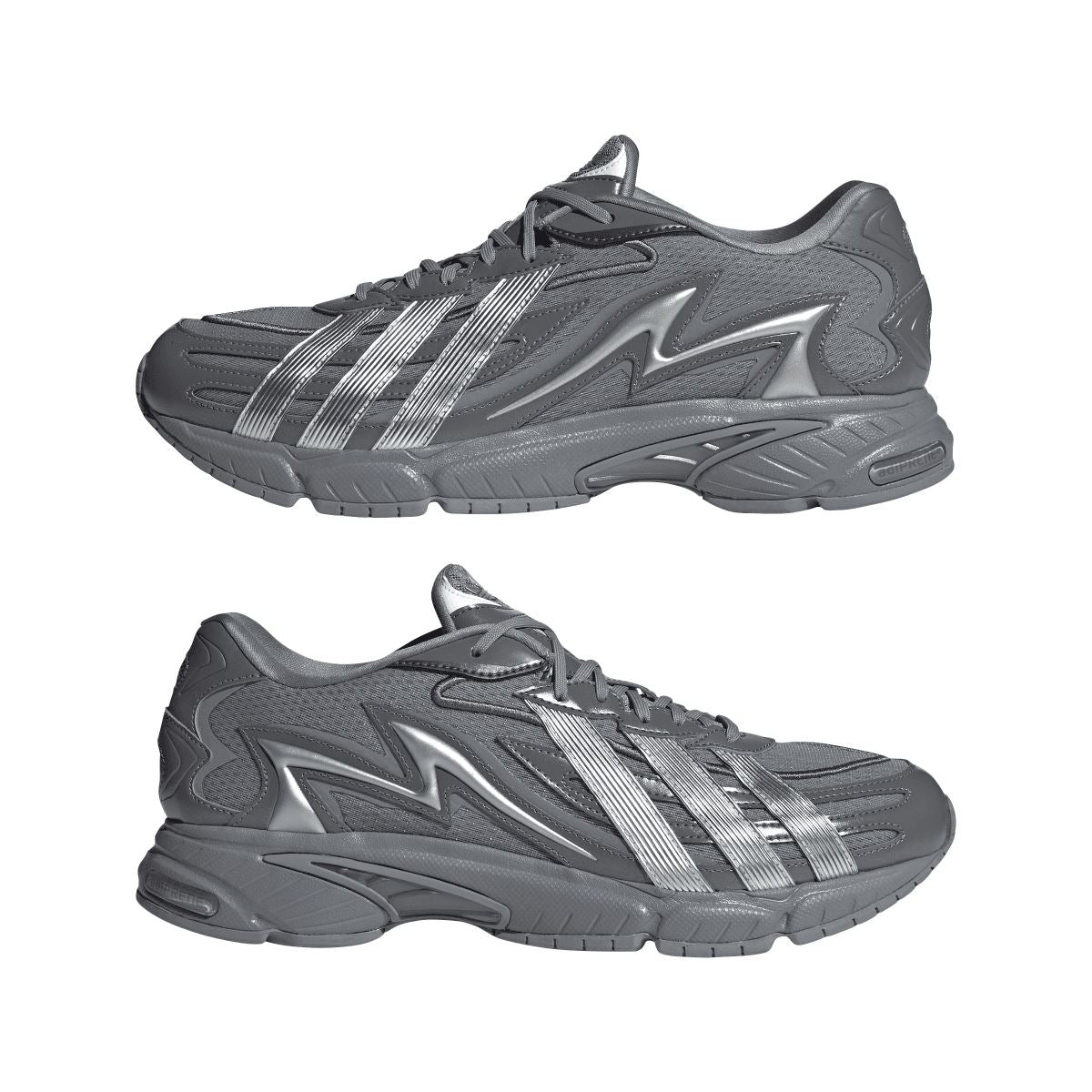 Pair of grey adidas trainers shown together, lace-up style with silver 3-stripe detail