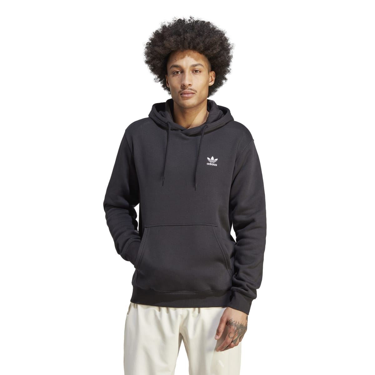 Black adidas hoodie with Trefoil logo, kangaroo pocket and drawstring hood
