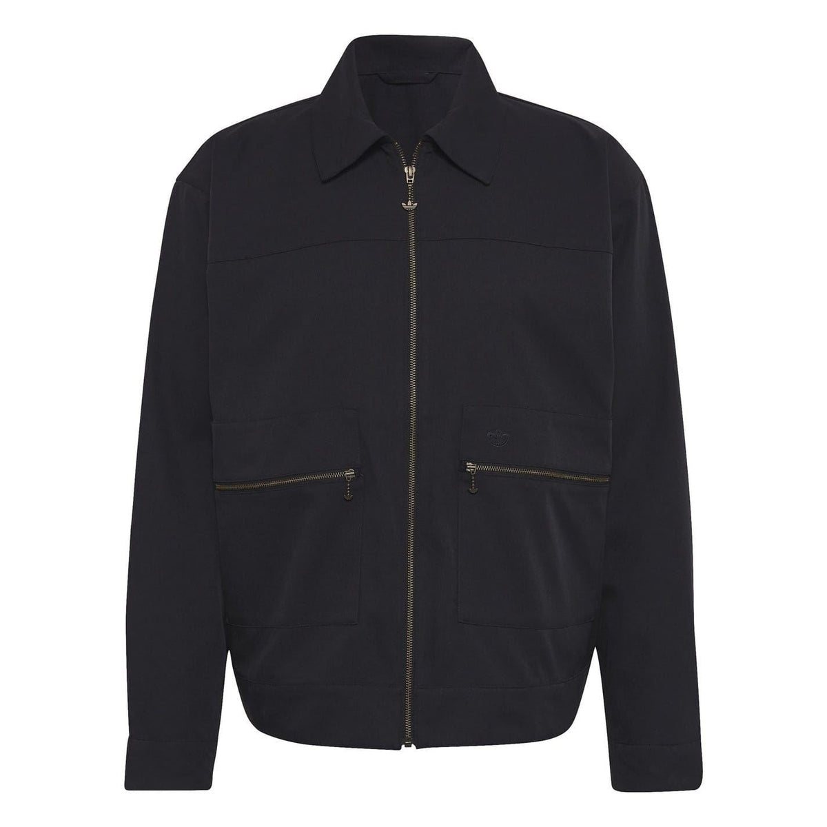 Black zip-up utility jacket with stand collar and two chest pockets