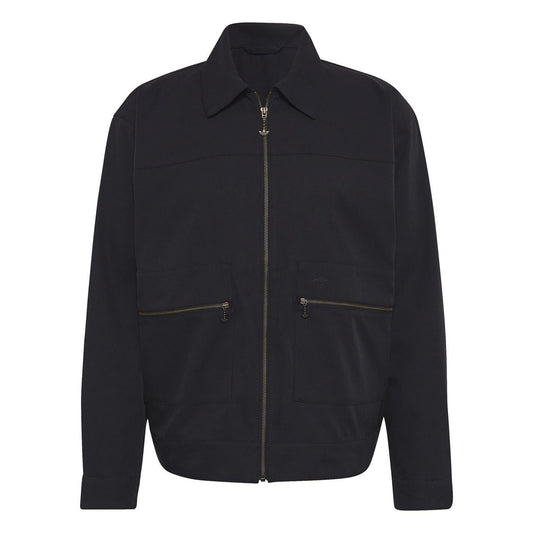 Black zip-up utility jacket with stand collar and two chest pockets