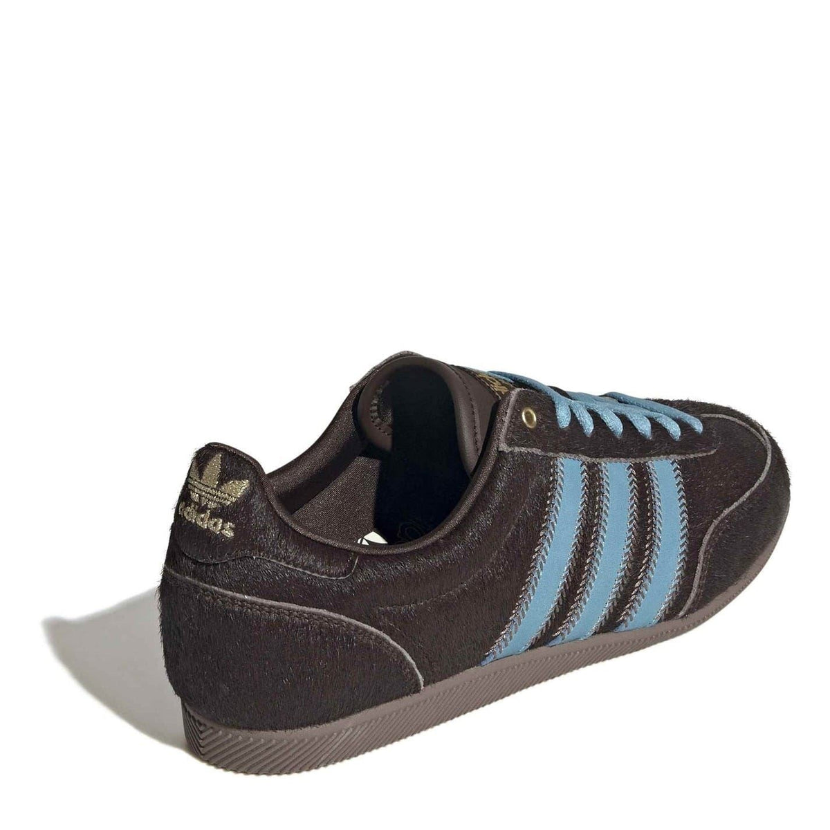 adidas Originals Japan sneakers, dark brown suede side view with light blue-striped detailing