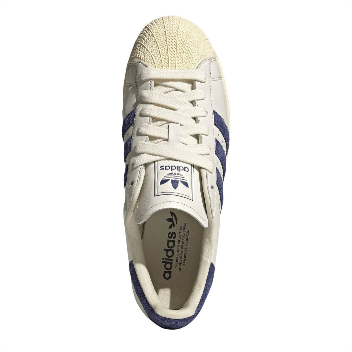White and navy adidas Originals Superstar II sneakers, lace-up front with adidas logo patch