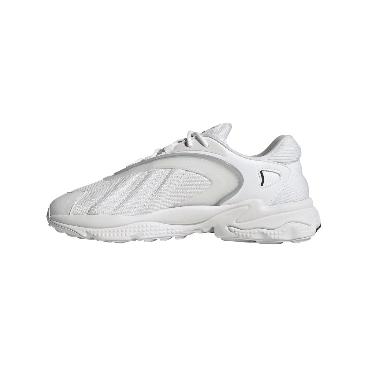 White adidas Originals Oztral trainers in side profile, lace-up and sculpted quarter panels
