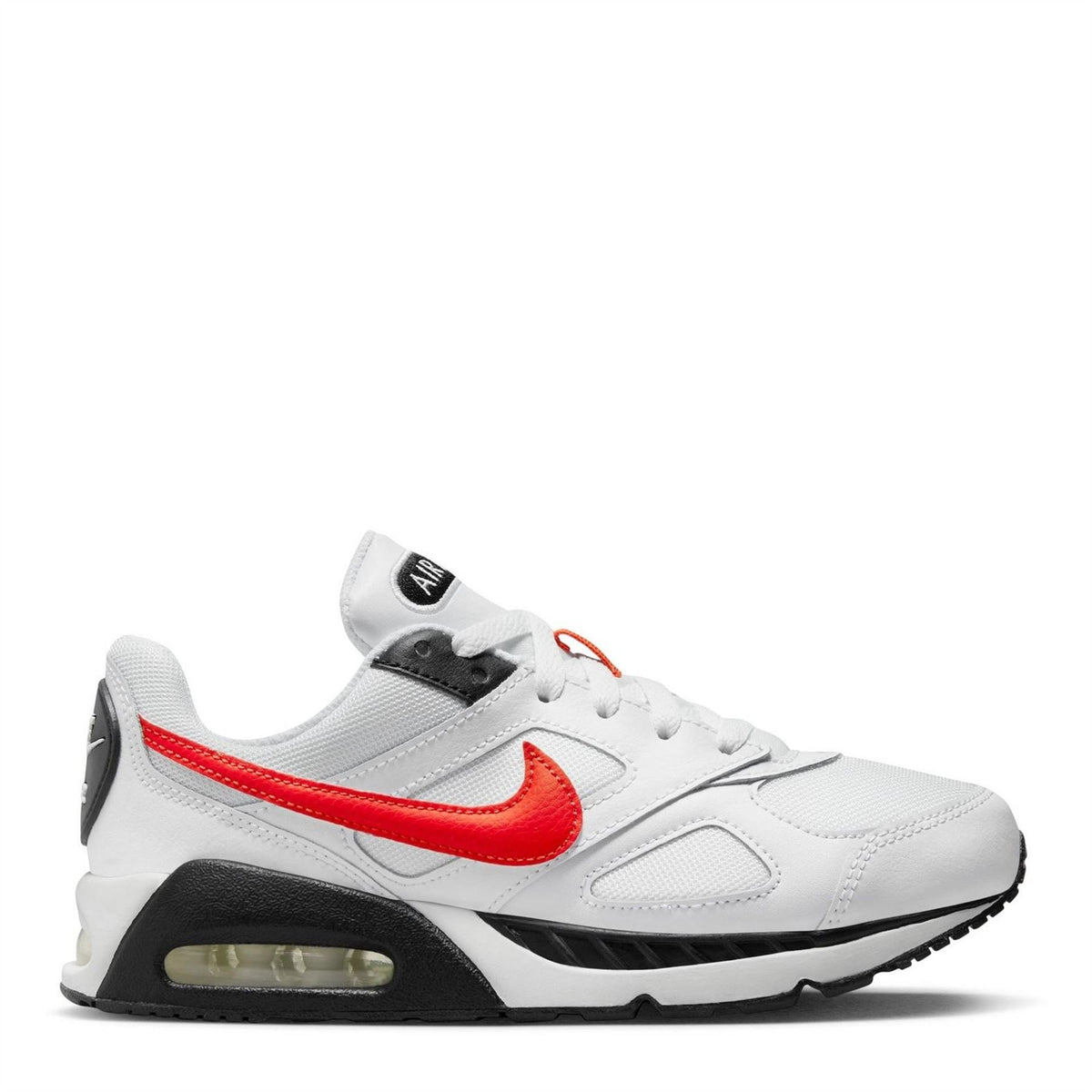 White boys' Air Max sneakers with red swoosh, lace-up front, and Air window