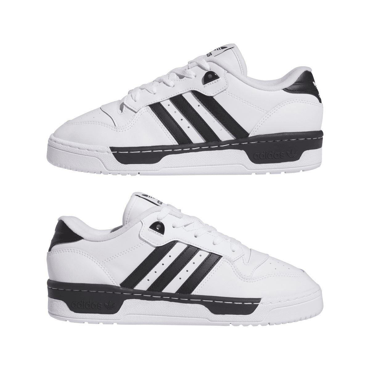 Pair of white low-top trainers with black stripes and black heel trim, lace-up