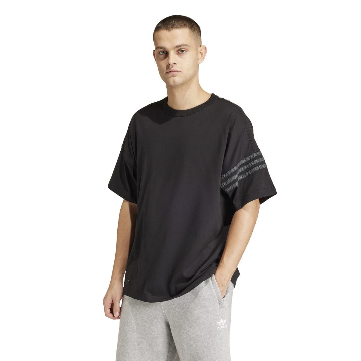 Black crew-neck T-shirt with striped graphic along right sleeve