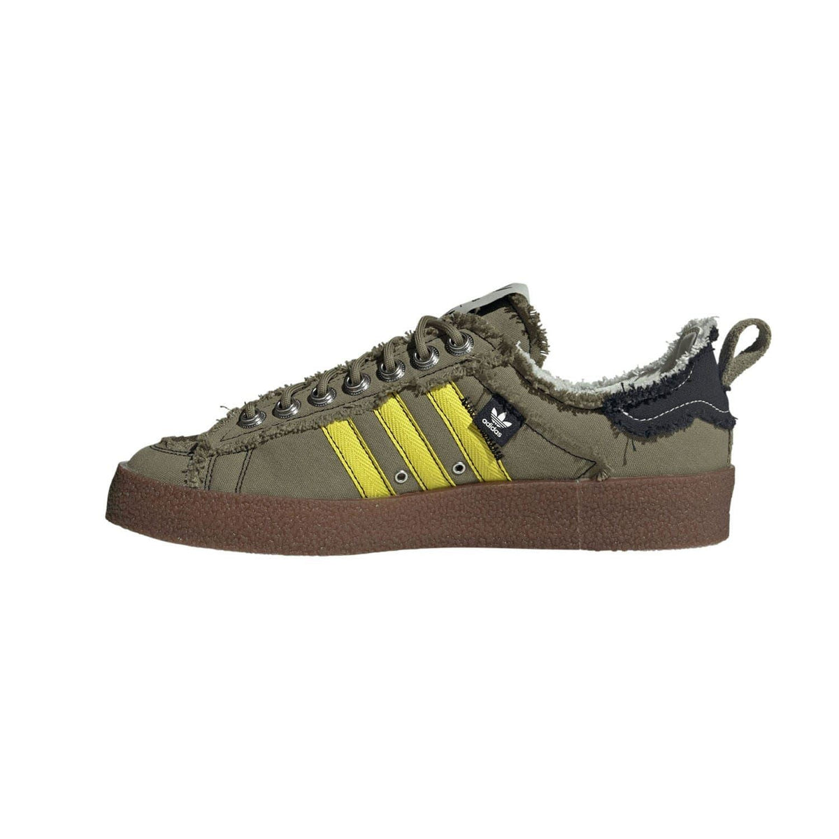 adidas Originals olive low-top trainers with yellow side stripes and brown gum sole