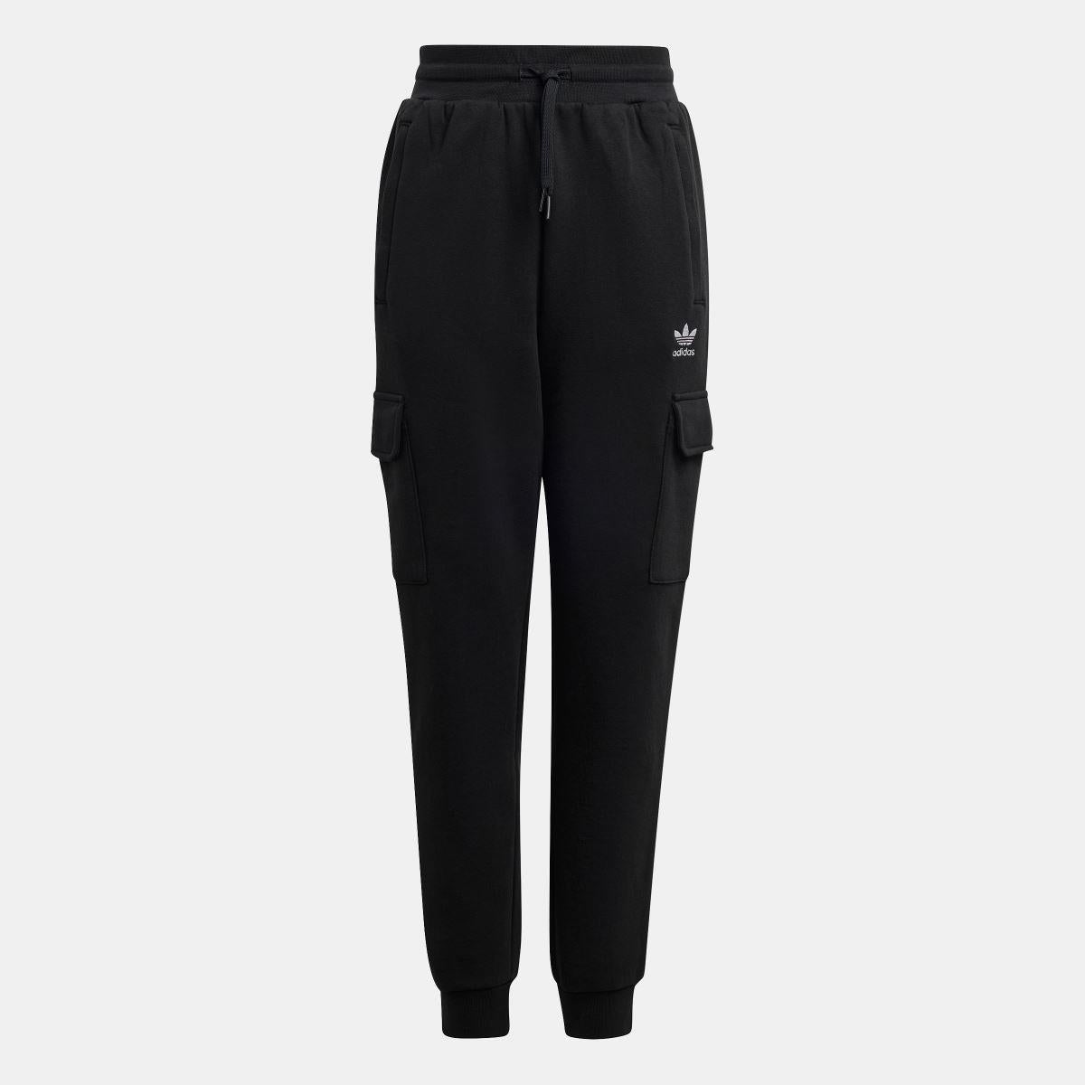 Black fleece cargo pants with elastic waistband, drawstring, and side cargo pockets