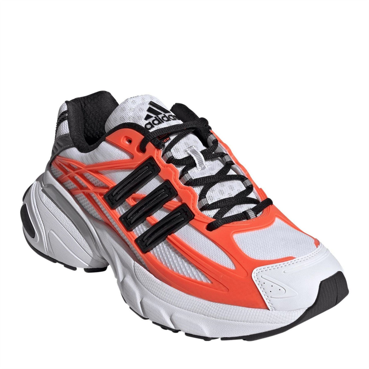 Adidas lace-up sneakers with orange overlays, black stripes, and white midsole