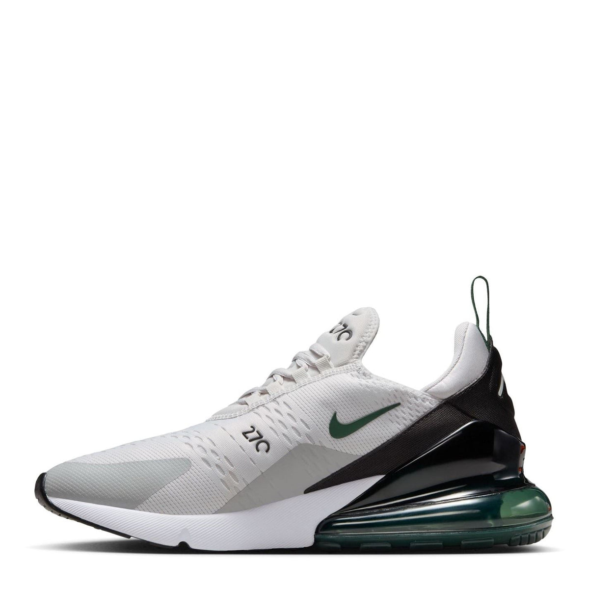 Nike Air Max 270 trainer side view, white upper with green air unit and black detail