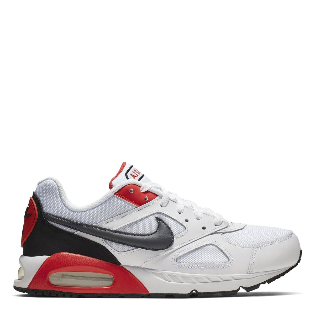 Air Max Ivo trainers in white with red heel panel, black swoosh, and dark side stripe.